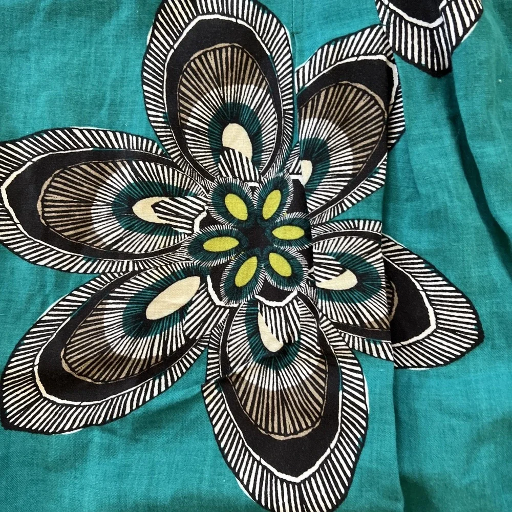 East 5th A-Line Skirt Sz 10 Boho Linen Blend Teal Floral Belt Pleated‎ Tie Belt